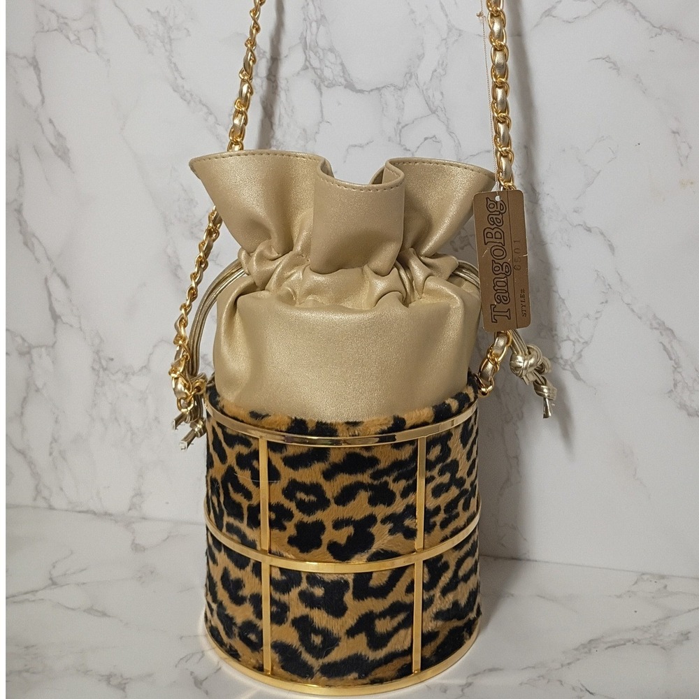 Tango Creations Vintage Leopard Print Cage Bucket Bag - NWT